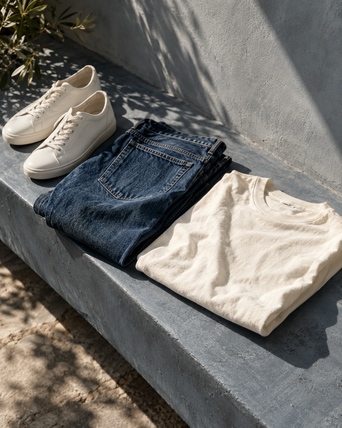 Denim, sneakers e dettagli in una composizione editoriale
